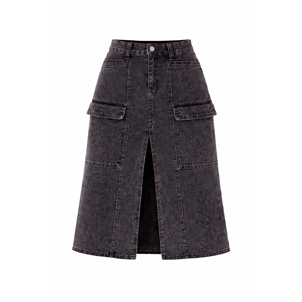 Sincerely Jules Charcoal Black Cargo Denim‎ Midi Skirt Front Slit High Rise 7/28